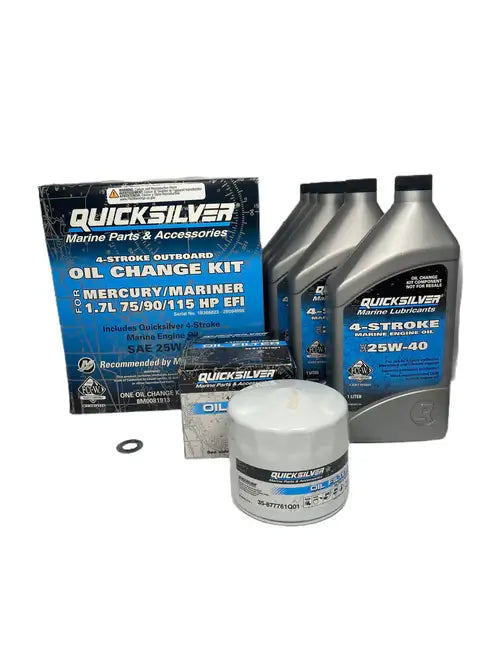 Quicksilver marine parts and accessories including oil change kit and bottles on a white background