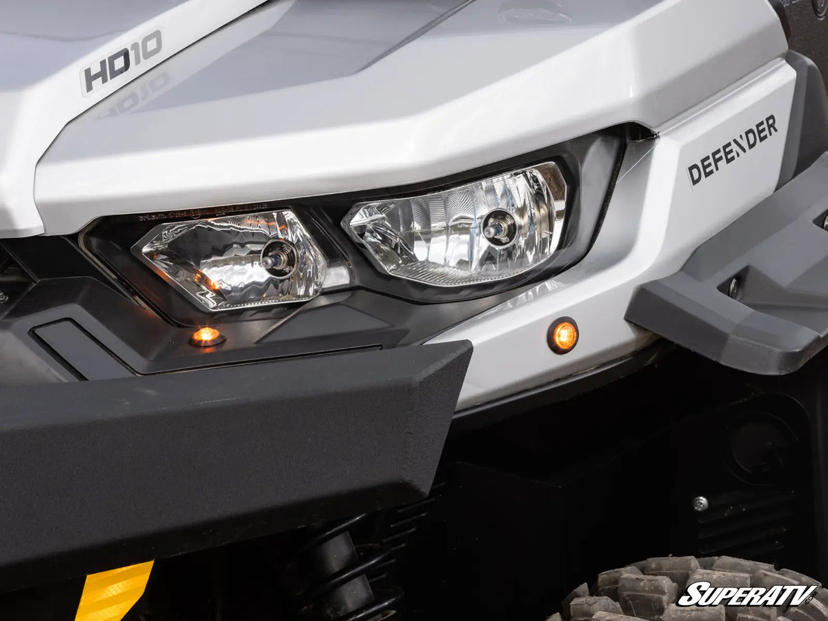 SuperATV Can-Am Defender MAX Deluxe Self-Canceling Turn Signal Kit, front amber LED signals close-up, TSK-CA-DEF4-008