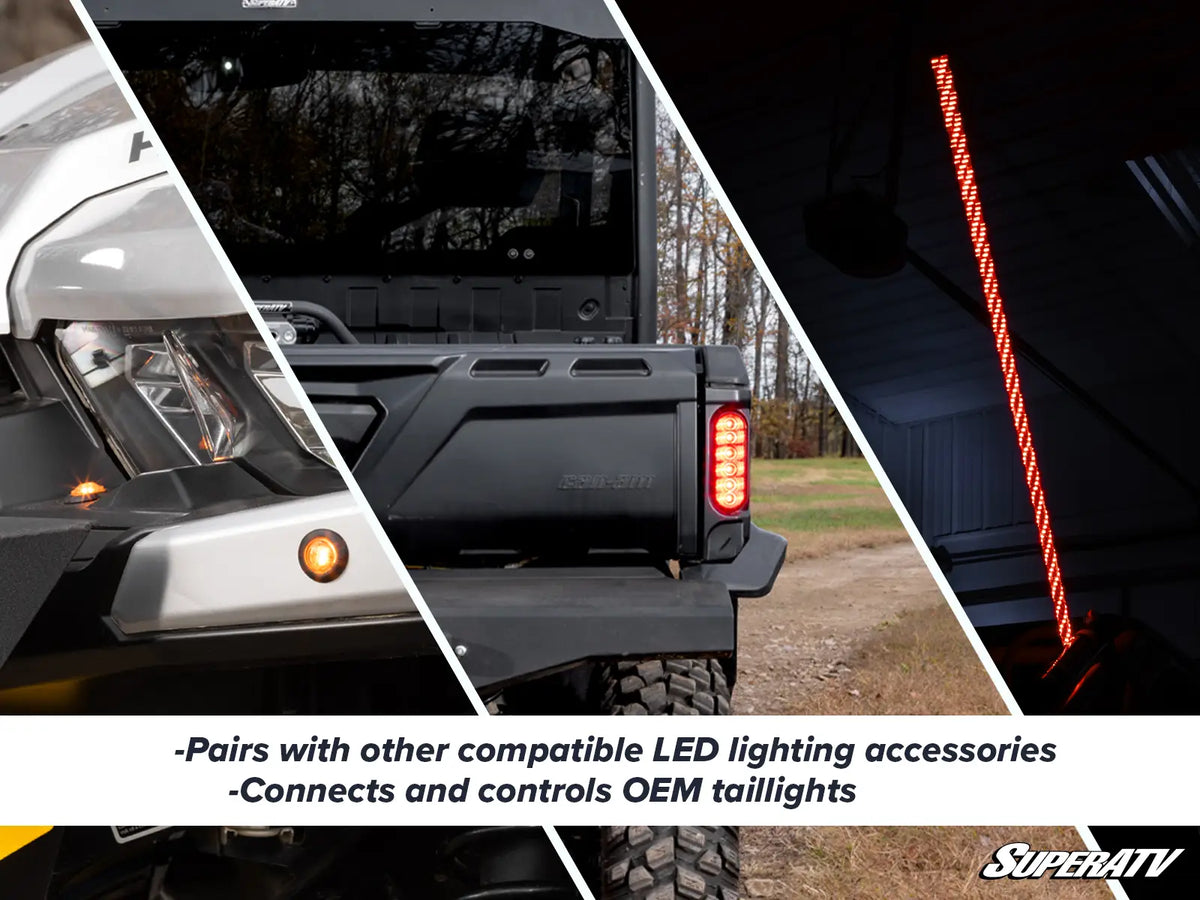 SuperATV Can-Am Defender MAX Deluxe Self-Canceling Turn Signal Kit pairs with LED accessories and controls OEM tail lights, TSK-CA-DEF4-008
